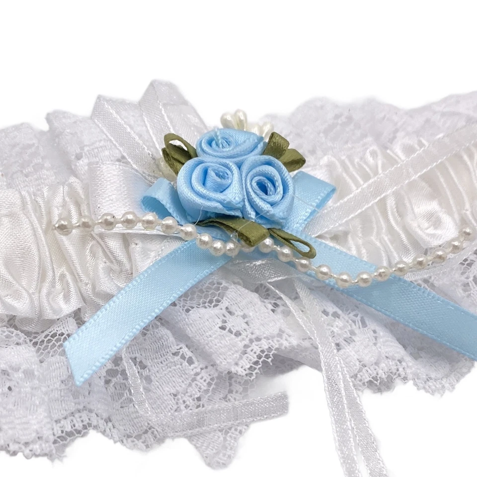 Wedding Garter White Lace Blue Roses Pearls Bridal Hen Party Something Blue - Image 2 of 2