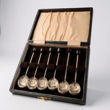 Art Deco Solid Silver Teaspoons Set x6 – 1928 Sheffield –  Coffee Bean Final