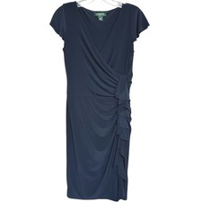Lauren Ralph Lauren Sheath Dress Womens Navy Blue Ruffle Elegant Wedding Guest 6