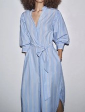 NWT ZARA SZ LARGE STRIPED BELTED DRESS ZW COLLECTION BLUE NEW