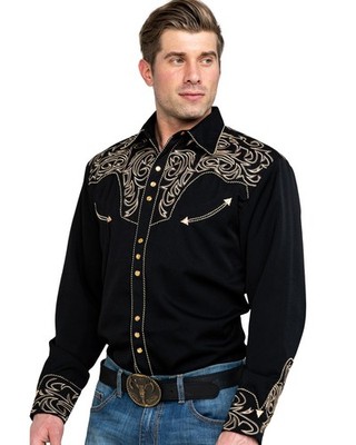 Scully Men's Embroidered Scroll Long Sleeve Snap Western Shirt - P-852 BLK