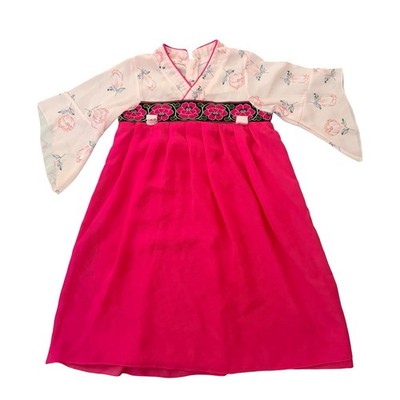 Hanbok Style Dress Pink Floral Embroidered Traditional Kids 110cm
