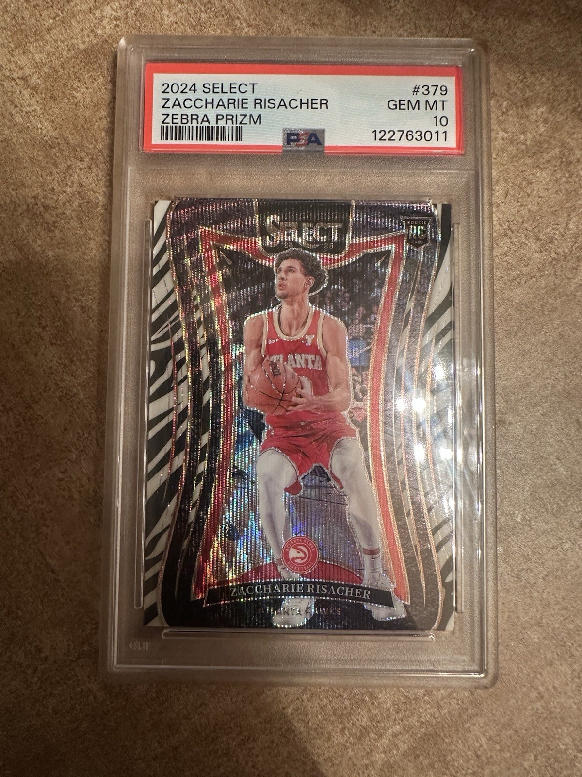 2024-25 Panini Select Mezzanine Zaccharie Risacher #379 Zebra Prizm RC PSA 10