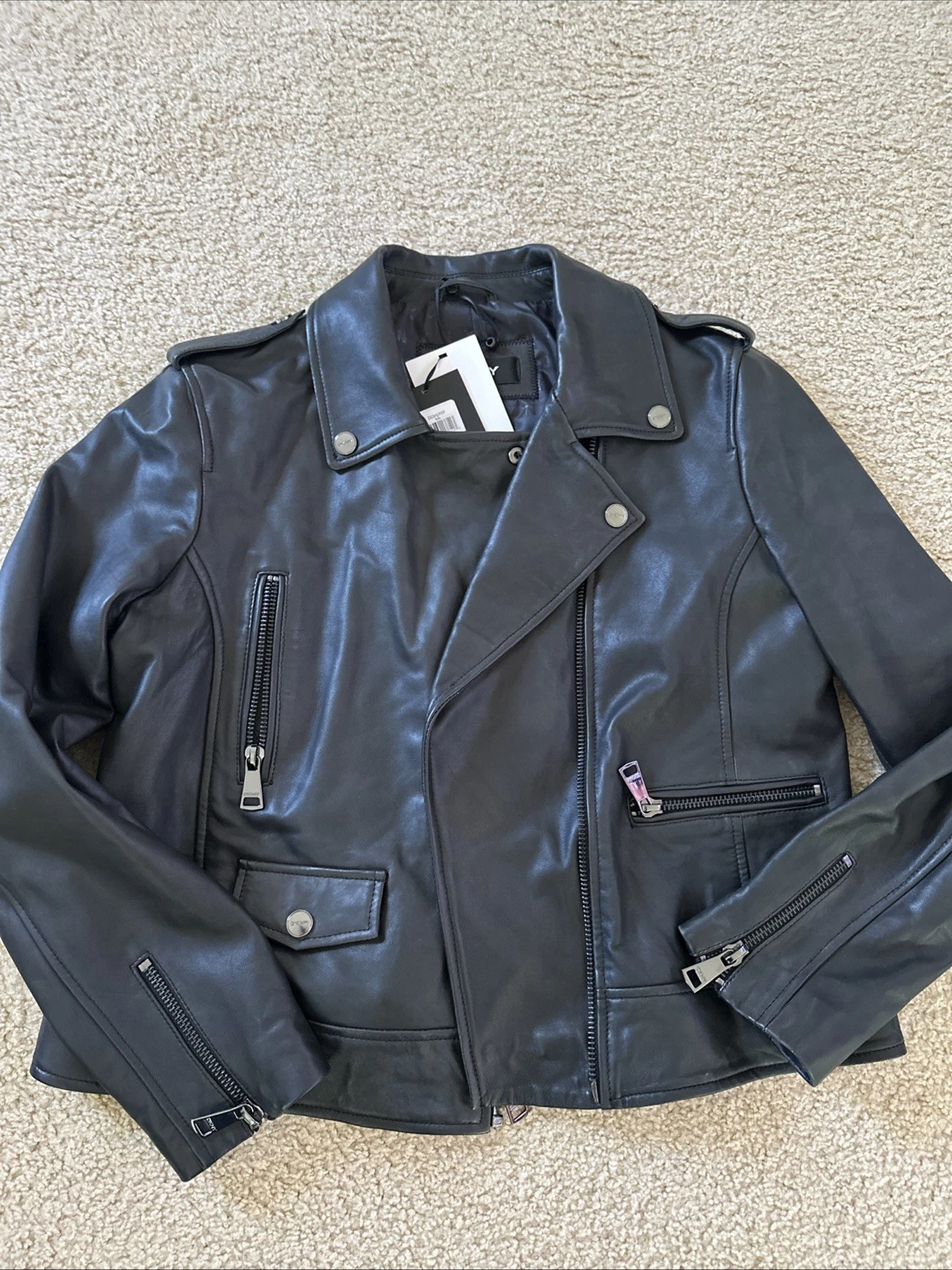 NWT DKNY Leather Moto Jacket W/Zippers. Size XL Comes In Original Plastic