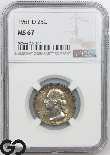 1961-D Washington Quarter NGC MS 67 ** RARE This High Grade, Bids-2250, PG-7400