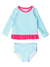 Ruffle Butts Girl Seersucker L/S Rash Guard Bikini Bright Aqua/Pink sz 6 45-52lb