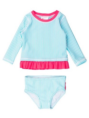 Ruffle Butts Girl Seersucker L/S Rash Guard Bikini Bright Aqua/Pink 5T 38-45 lb