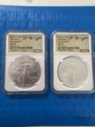 2 - Silver American Eagles, 2024(P) Star Privy & 2025(P) Eagle Privy - NGC MS70