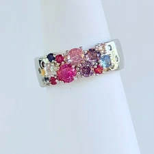 Bomb Party Ring Sz 8 "Sparkled Elegance" Array of CZ on Rhodium *Retro Pink Blue