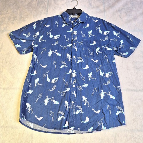 RJC Herren Hawaiihemd Large Fisch Ozeanblau Knopfleiste Baumwolle NY City