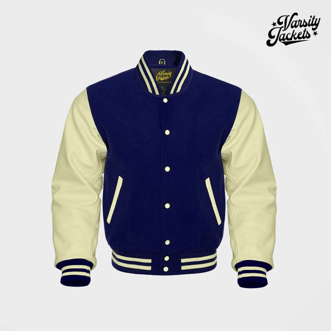 New Men Navy Blue Wool Cream Sleeves Premium Varsity Jacket Letterman Baseball