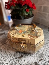 Vintage Anton Pieck Wooden Decoupage Octagon Box Purse w/Lucite Handle 9.5" 6.5"