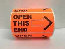 Red OPEN THIS END (Arrow) Special Handling Labels (3" x 5", 250/Roll)