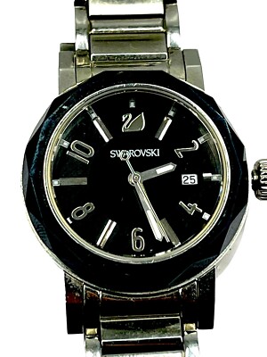 RARE SIGNED SWAROVSKI STAINLESS STEEL BLACK CRYSTAL BEZEL OCTEA D