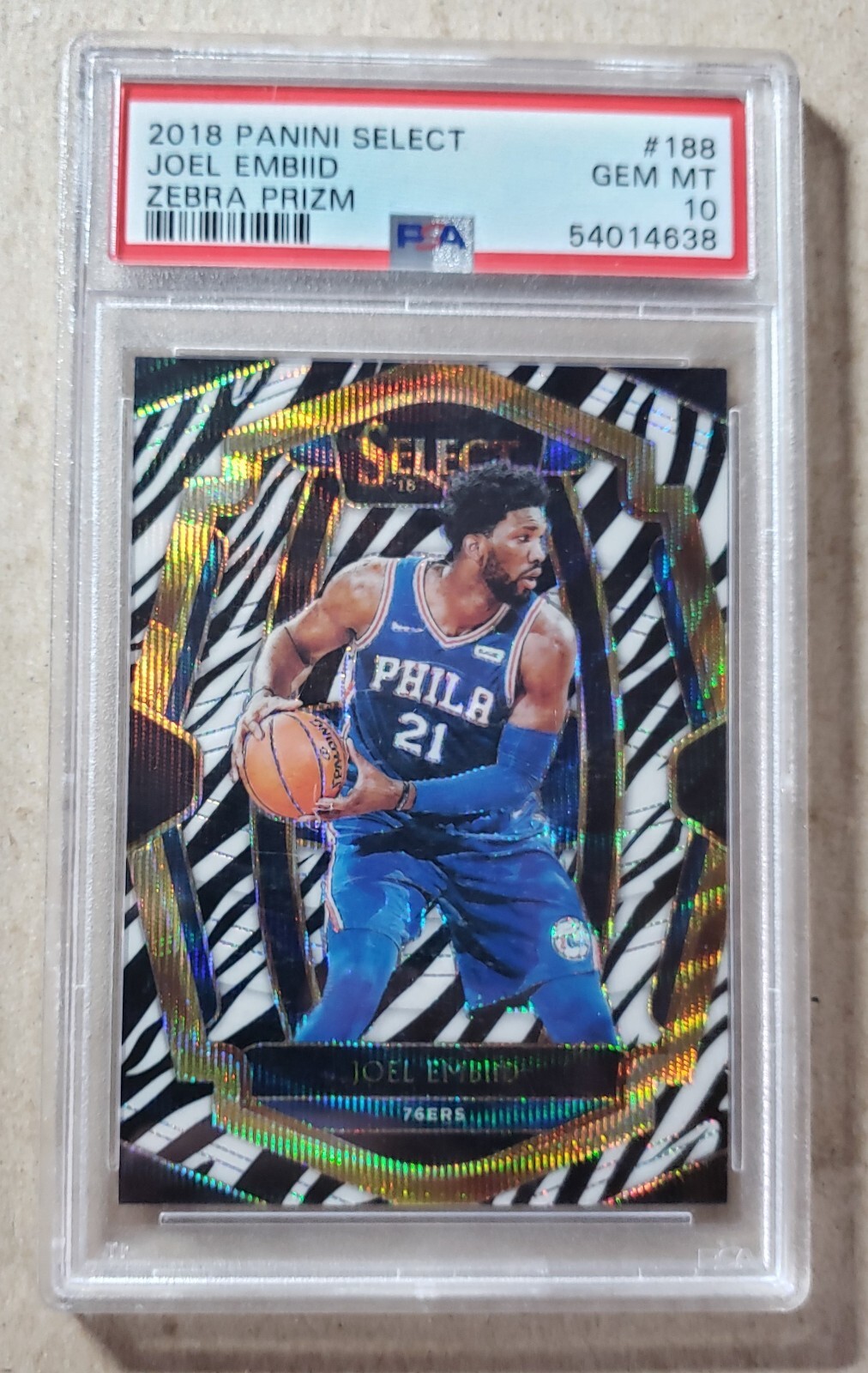 2018 Panini Select Zebra Prizm Joel Embiid PSA 10 Philadelphia 76ers #188 SSP