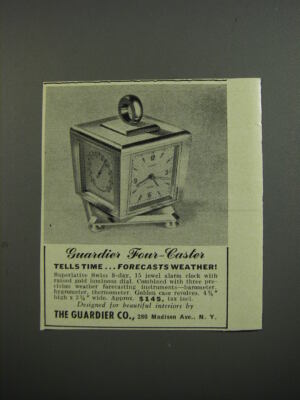 1953 Guardier Four-Caster Alarm Clock Ad - tells time.. forecasts weather