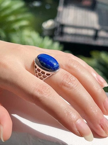 Real 925 Sterling Silver Ring Lapis Lazuli Hollow Stone Women's Ring US Size 7 - 第 4/4 張圖片