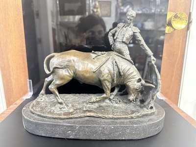 Signed Fisher Matador Bullfighter Bull Sculpture Solid Bronze Statue