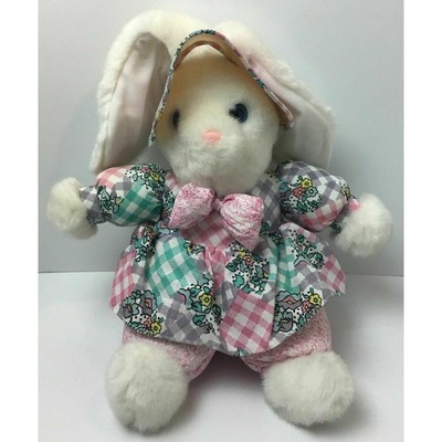 Vintage Dandee Plush White Bunny Rabbit with Plaid Dress & Hat with Pink Bow 13''