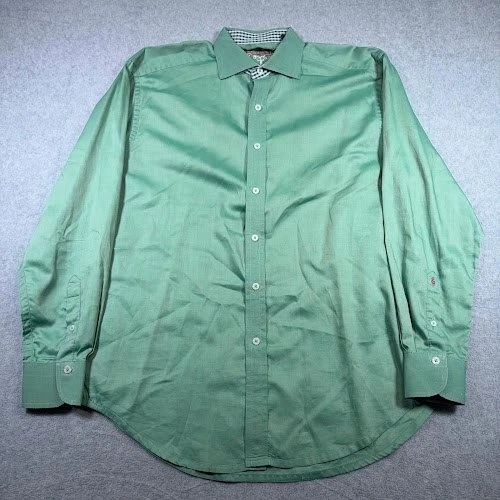 Camisa social masculina Robert Graham com botões verde L manga longa detalhe bordado - Imagem 3 de 4