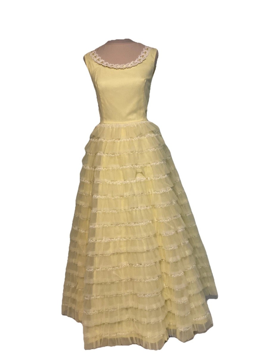 Vintage 60s Yellow Prom Dress Formal Union Made Cupcake Ruffle Tiered Size  XS S | eBay