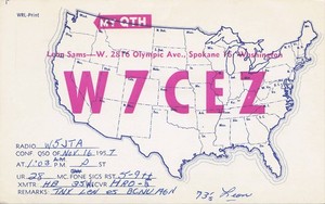 1957 QSL: W7CEZ – Leon Sams – 2816 Olympic Avenue – Spokane, Washington