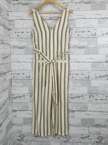 Madewell Cotton Linen Striped Wide Leg Jumpsuit Womens Xsmall Tie Waist Ivory