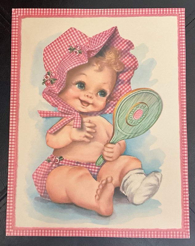 Vintage BABY GIRL PINK GINGHAM GET WELL GREETING CARD (9” x 7.25”) - NEW