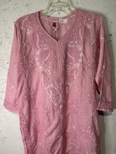 Indian Cotton Chikankari Embroidered Kurta Women Pink Long Kurti