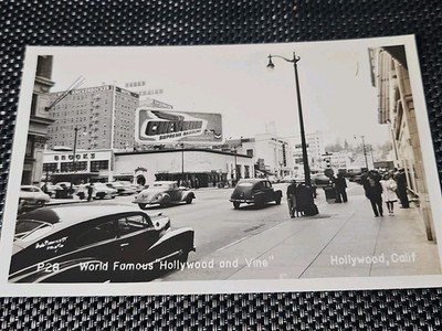  World Famous Hollywood and Vine Hollywod, Ca  Old Cars Signs RPPC Postcard 2528