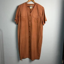 Tess Dress Vintage 100% Silk Brown Button Front Sh/SL Hippie Midi Dress Size 16