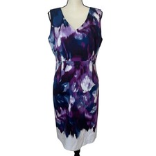 Tahari Chambray Dress Women's Plus Size 14 Sleeveless Sheath V-Neck Purple/Blue