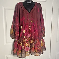 Arna York Shirt Women 14 Burgundy Floral Boho Sheer Tiered Whimsigoth Fairycore