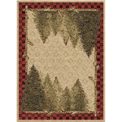 Forest Area Rug Lodge Cabin Pine Cone Trees Red Beige Green *FREE ...