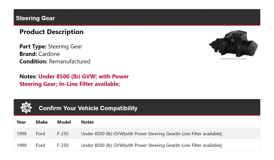 Engranaje de dirección Cardone para Ford F-250 1998-1999 Foto 2 de 4