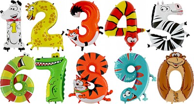 Zahlen-Ballons 0-9 Gecko, Dalmatiner, Zebra, Raupe, Fuchs usw. - Folien-Ballons