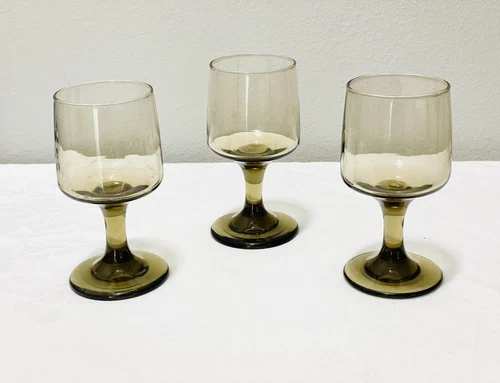 Set 3 Vintage Libbey Tawny Accent Smoke Stemmed Footed Wine Goblets Glasses 5”