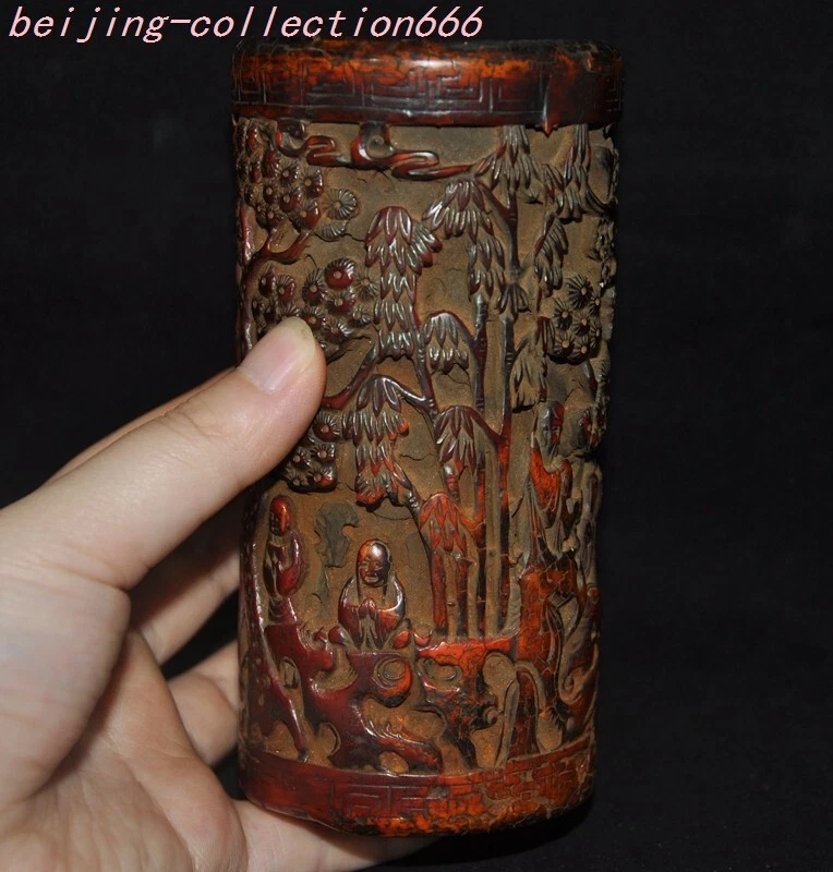 5.2"China Dynasty palace old amber Carved character story brush pot pencil vase - Image 4 of 4
