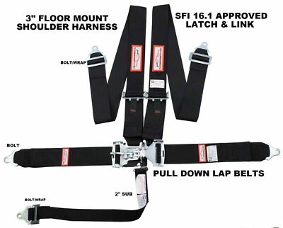 BLACK SAFETY HARNESS 5 POINT SFI 16.1 RACING LATCH & LINK 3'' FLOOR MOUNT BOLT IN