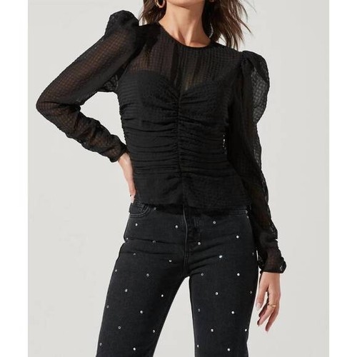 ASTR Womens Black V Neck Long Sleeve Cropped Ruched Top Small