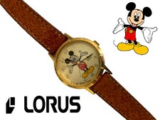 Vintage Mickey Mouse Watch Disney Lorus Quartz Leather Band Gold Plate Disneyana