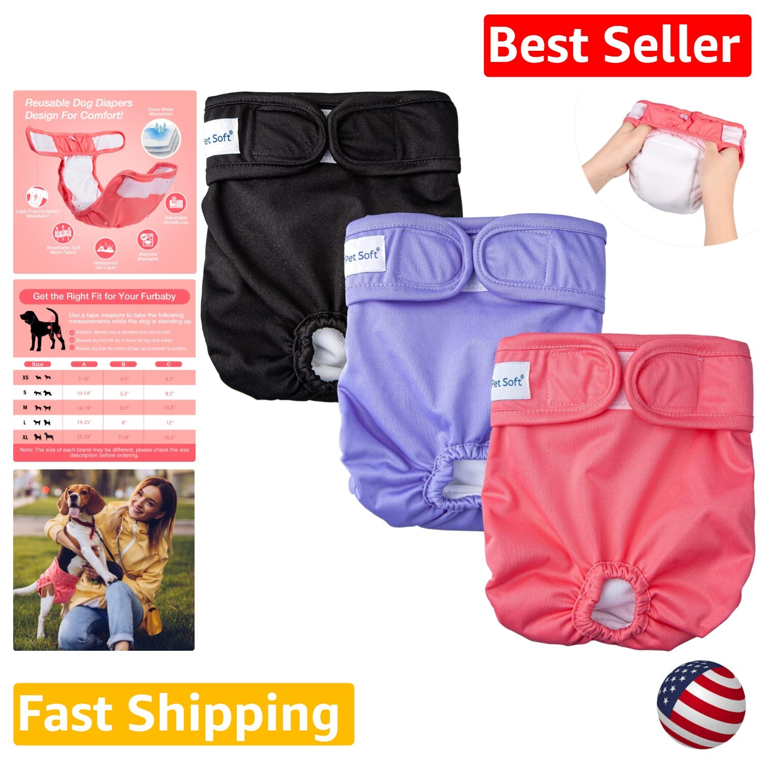Washable Female Dog Diapers - 3 Pack - Reusable Diapers for Small to Medium Dogs