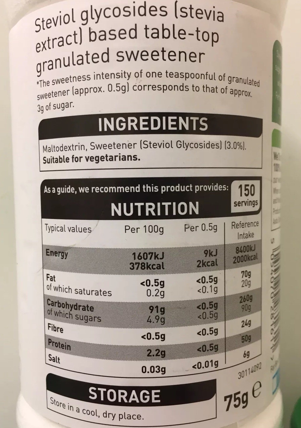 Stevia Granulated Sweetener 75g For Slimmers Diabetics ASDA (Buy 2 Get