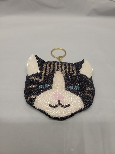 kitty cat beaded coin wallet green eyes pink nose double sided # 4435 - Picture 3 of 20
