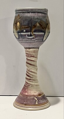 Unique Stone Pottery Goblet With Swirl Design Marked On Bottom 9  Tall