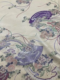 13"x66" Japanese kimono silk fabric panel / white base, folding fan C62