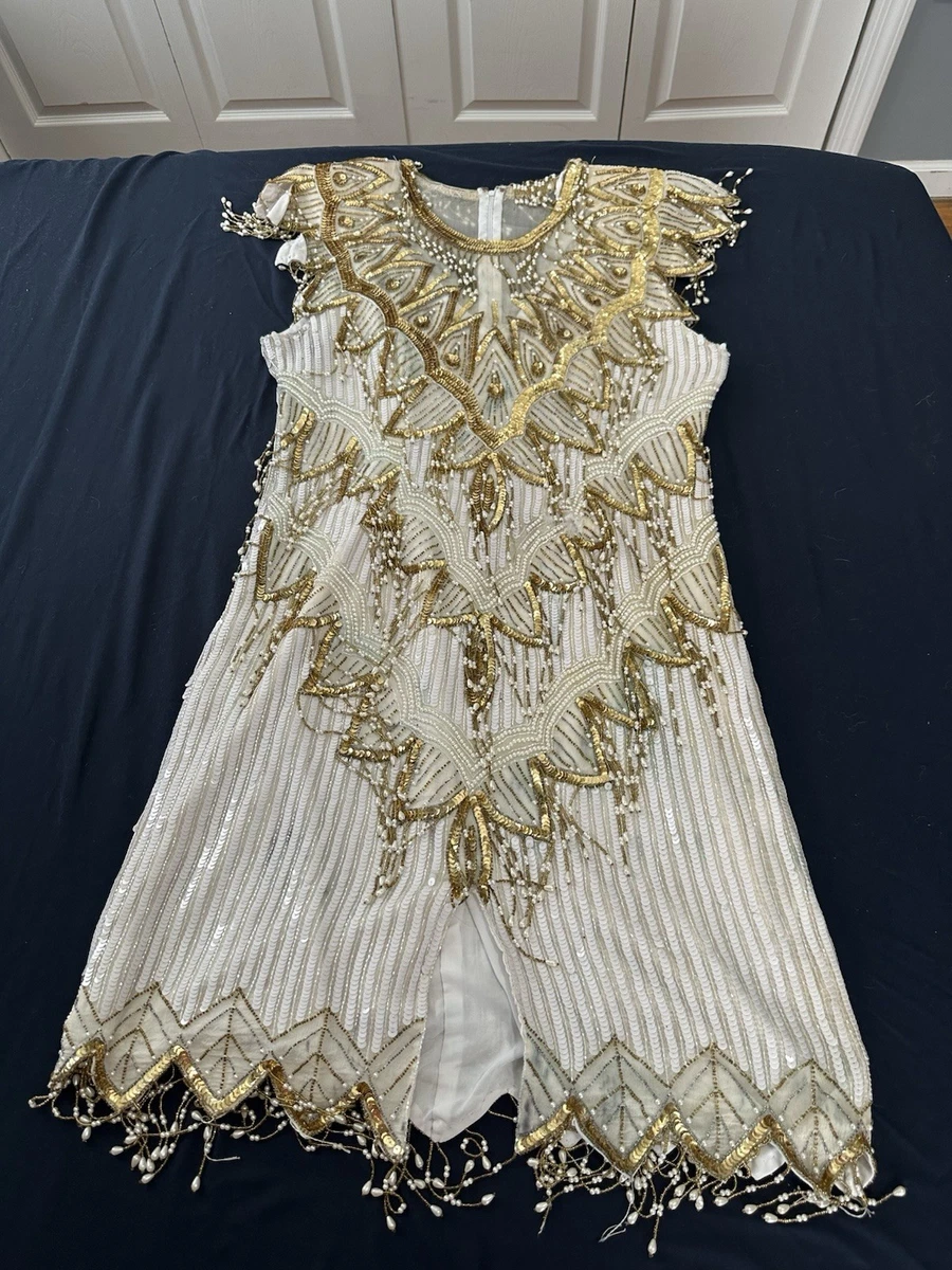 ivory beaded flapper dress BABEYOND Round Handmade Beaded Neck Short Flapper Costumes, Gorgeous 1920s Fashion Bridesmaid Dress, Champagne, Size 6