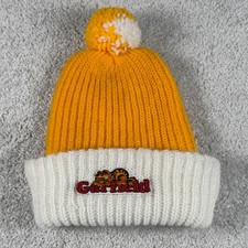 Garfield Cat Knit Beanie Kids Child OS Yellow White Vtg 80s Pom Pom Hat USA Made