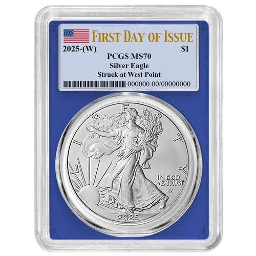 2025 (W) $1 American Silver Eagle PCGS MS70 FDOI Flag Label Blue Frame