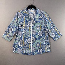 Chicos Womens Jacket 3 Blue Paisley 3/4 Sleeve Full ZIp Collared Perfect Stretch